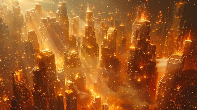 A stunning depiction of a futuristic city illuminated by warm lights, showcasing towering skyscrapers and a vibrant, glowing ambiance.