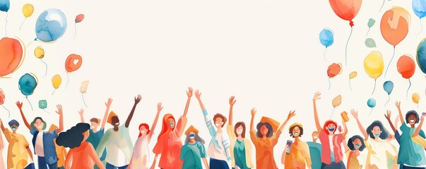 Diverse group of people celebrating with balloons, illustration, watercolor