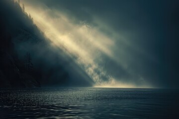 Sunlight shines through trees in a dim forest, A soft, ethereal glow seeping through the darkness. AI generated