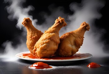 Fried Chicken piece coat with flour or batter that dipping with tomato or ketchup sauce isolated on white background, yummy fast food, fried 2