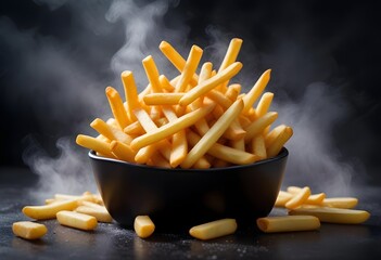 French fries or potato fries with salt taste isolated on Dark background, fast food with high calories, popular appetizer or snack.