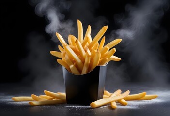 French fries or potato fries with salt taste isolated on Dark background, fast food with high calories, popular appetizer or snack.