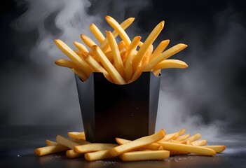 French fries or potato fries with salt taste isolated on Dark background, fast food with high calories, popular appetizer or snack.