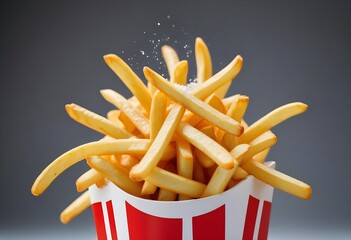 French fries or potato fries with salt taste isolated on Dark background, fast food with high calories, popular appetizer or snack.