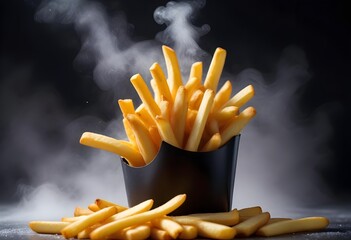 French fries or potato fries with salt taste isolated on Dark background, fast food with high calories, popular appetizer or snack.