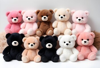 Set of fur plush stuffed teddy bear, black, white, brown, pink Many assorted different design. Mockup template for artwork graphic design on white background