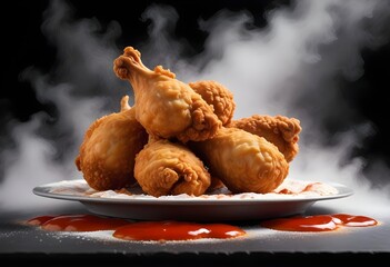 Fried Chicken piece coat with flour or batter that dipping with tomato or ketchup sauce isolated on white background, yummy fast food, fried