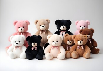 Set of fur plush stuffed teddy bear, black, white, brown, pink Many assorted different design. Mockup template for artwork graphic design on white background