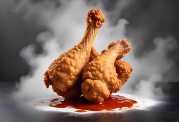 Fried Chicken piece coat with flour or batter that dipping with tomato or ketchup sauce isolated on white background, yummy fast food, fried