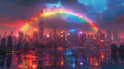 Fototapeta premium Stunning futuristic cityscape with vibrant neon lights and a mesmerizing rainbow arch in the sky reflecting over calm water.