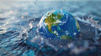 Water droplets forming the shape of continents on a globe, emphasizing the interconnectedness of water resources worldwide, Global water awareness concept