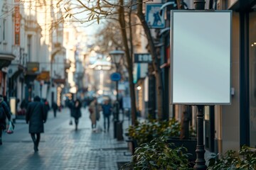 Empty street banner on a lamp post with a busy market street in the background