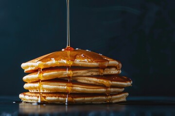 Fluffy pancakes with syrup being poured, creating a delicious breakfast treat, A stack of fluffy pancakes dripping with syrup, AI generated