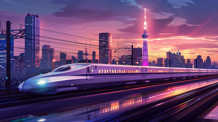 Bullet Train Traveling With A Skyline Of Building In The Background
