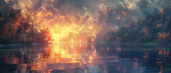 Fototapeta premium Ethereal Glow: A Serene Forest Reflecting on a Still Water