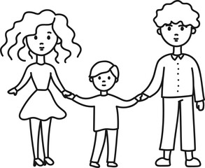 Mom dad son holding hands. Linear hand drawn drawing, vector isolated on white background