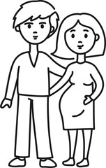 Husband and pregnant wife line drawing. Young family doodle sketch