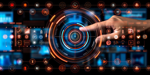 Fototapeta premium Close up of male hand pointing at creative digital tech circle on blurry dark office background. Big data and technology concept. Double exposure.