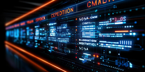 Fototapeta premium Close up of male hand pointing at creative digital tech circle on blurry dark office background. Big data and technology concept. Double exposure.