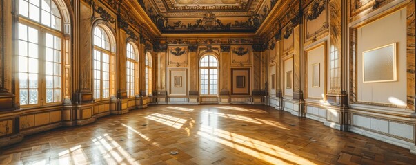 Obraz premium Historic empty room with high ceilings, ornate molding, empty picture frames on walls, warm tones, detailed textures