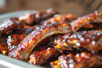 Grilled ribs with the text "ribs on the grill" in the background, A tray of sticky sweet BBQ ribs, AI generated