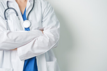 Healthcare and medical concept. doctor hand hold stethoscope in hospital. Health background, wellness and Insurance