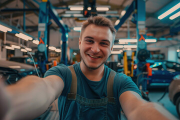 Good quality service adverticement advert concept. Auto mechanic professional taking a selfie on smartphone smiling in car repair shop workshop