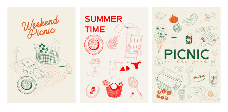 Collection of Summer Picnic Posters. Outdoor picnic wall art. Food Poster template. Interior posters set. Inspiration posters. Editable vector illustration.