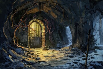 Mysterious cavern with overgrown entrance and icy lake