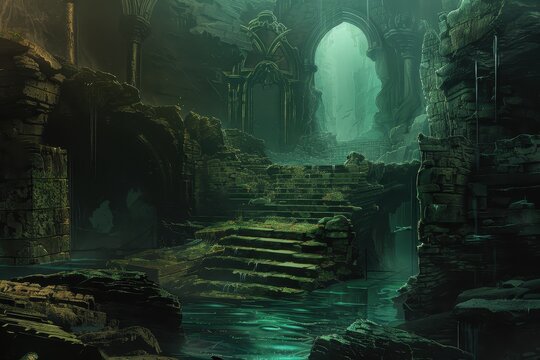 Mysterious Sunken Temple Ruins with Staircase and Archway