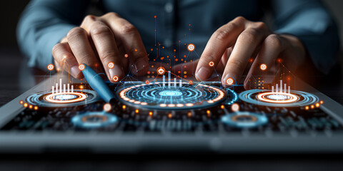 Close up of laptop and pen on desk with creative digital tech circle on blurry background. Big data and technology concept. Double exposure.