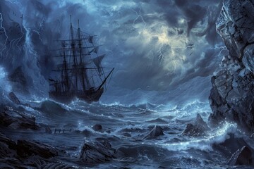 Obraz premium A wooden ship sails through a stormy sea with dark clouds and lightning