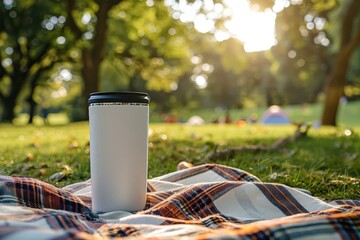 Empty tumbler on a picnic blanket with a summer park scene