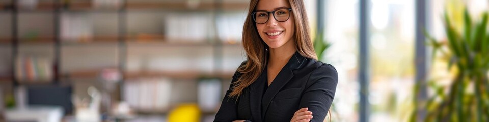 Fototapeta premium Portrait of a Happy Smiling Confident Businesswoman Wearing Glasses, Standing with Arms Crossed. Corporate Female Manager, Successful Career in Company Work, CEO Girl. AI-Generated, 4K High-Definition