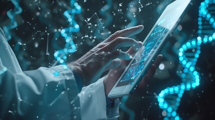 Doctor Scientist Using Tablet Computer with Genetic Exploration Intricate Details of Digital DNA Strands for Technology Data Concept Analyzing Science Data or Medical Healthcare. AI generated