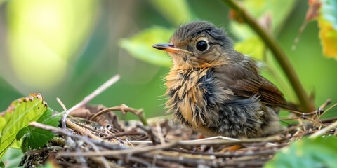 Fototapeta premium A baby robin preparing to leave the nest for the first time
