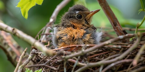 A baby robin preparing to leave the nest for the first time