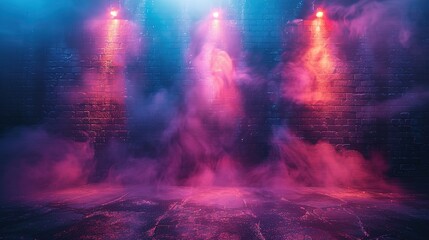Fototapeta premium Dark Scene with Neon Spotlights: Brick Wall Background Display