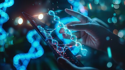 Doctor Scientist Using Tablet Smart Phone with Genetic Exploration Intricate Details of Digital DNA Strands for Science Research Technology Concept or Health Medical Purposes. AI generated