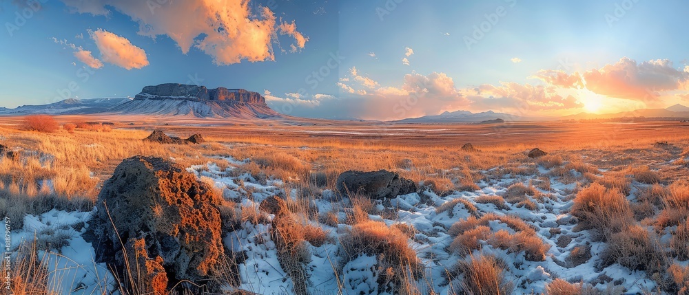 Wall mural sunlit winter wonderland: snow dusted hills and dramatic mountain peak