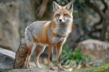 Obraz premium Fox standing on a natural ground, in an outdoor habitat.