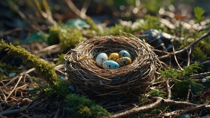 A birds nest intricately woven from natural materials, interspersed with plastic waste, highlighting the impact of pollution and microplastics on wildlife and nature. AI generated.