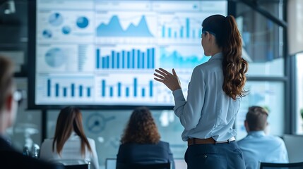 Businesswoman with Virtual TV Monitor Screen Dashboard Background Financial Analysis Data Diagram for Modern Futuristic Business Marketing Investment Technology Concept. AI generated