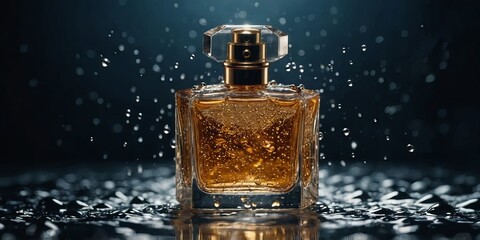 A bottle of perfume is surrounded by water droplets. AI generated.