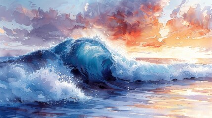 Dynamic ocean wave at sunset - generative ai