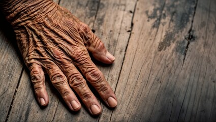 close up view of old human hand on wooden background. 