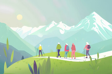 ハイキングと登山を楽しむ人たち(春)-1