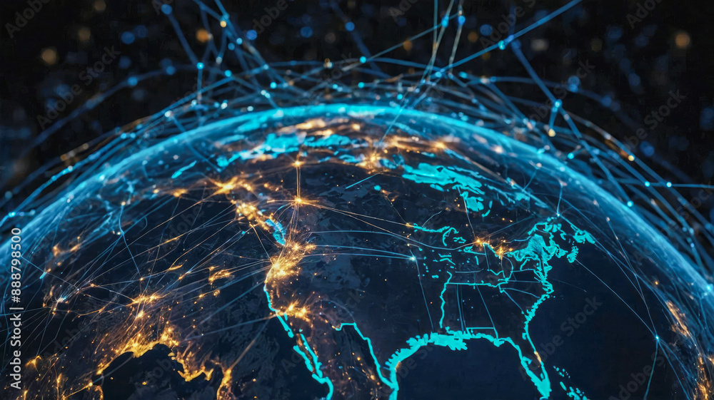 Poster a digitally rendered globe with bright, interconnected points and lines symbolizing global communica
