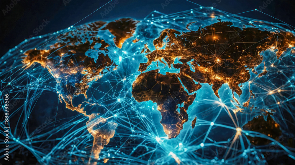 Poster a world map with illuminated nodes and connecting lines, highlighting a global network of connectivi