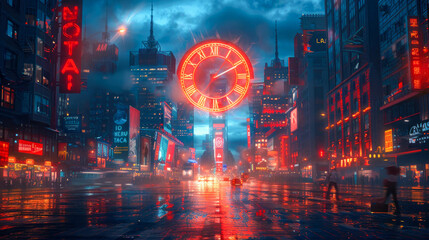 A glowing red clock in front of a rainy, busy cityscape at night